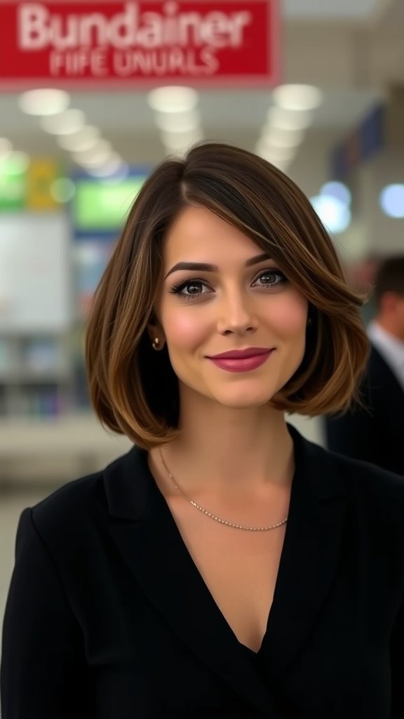 A woman with a shoulder-length haircut, smiling confidently.