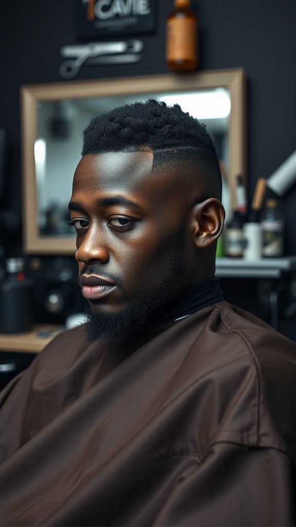 A man with a line up haircut sitting in a barbershop, wearing a brown cape.