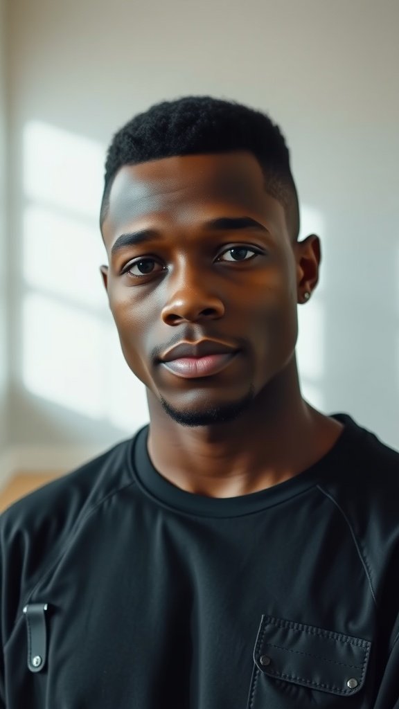 A young black man with a stylish crew cut, wearing a black shirt and looking confidently at the camera.