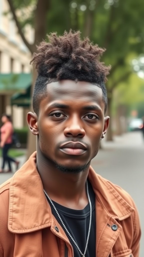 A young man with a Frohawk hairstyle, wearing a brown jacket and standing outdoors.
