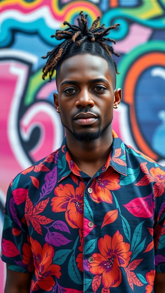 A man with multi-colored twists in his hair, wearing a floral shirt against a colorful graffiti background.