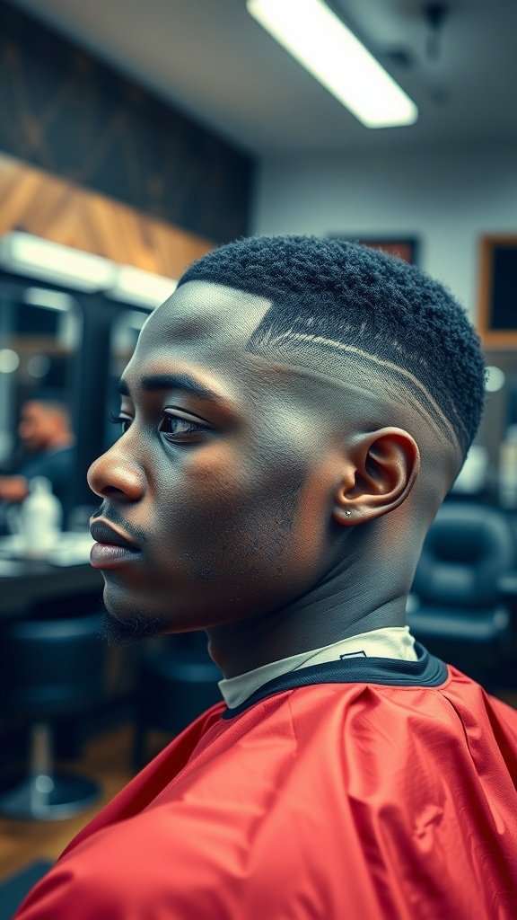 A stylish fade haircut on a black man with a design on the side.