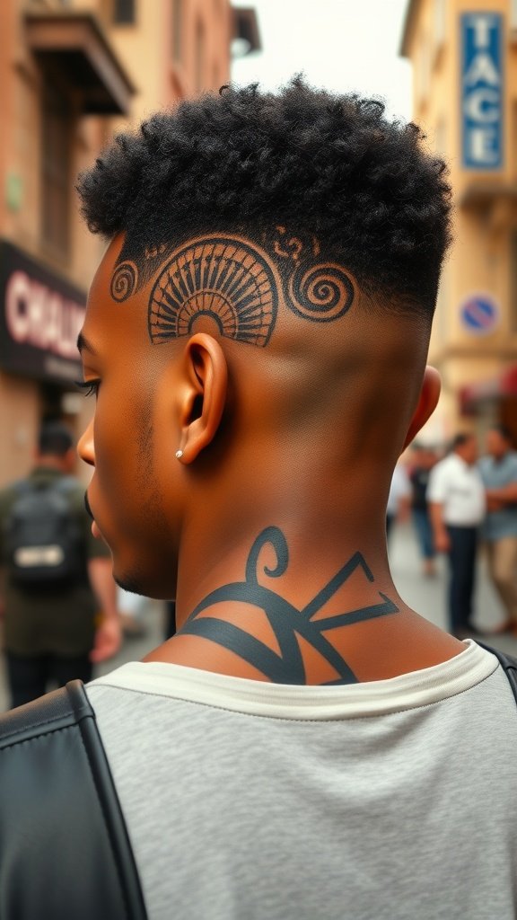 A young man with a shaved hairstyle featuring intricate designs on the sides and back, showcasing a unique and stylish look.