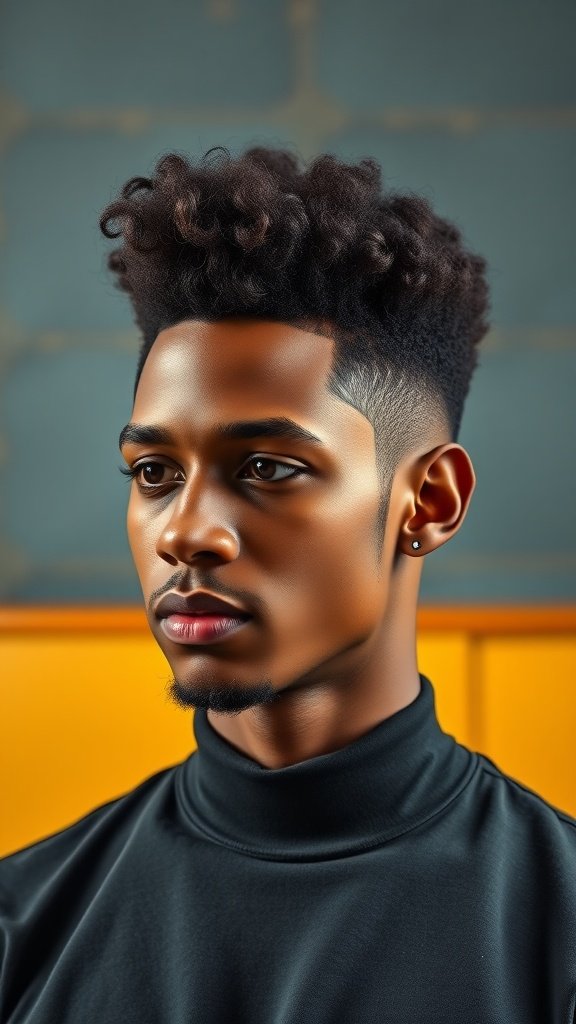 A young man showcasing a stylish pompadour haircut with curls, wearing a black top.