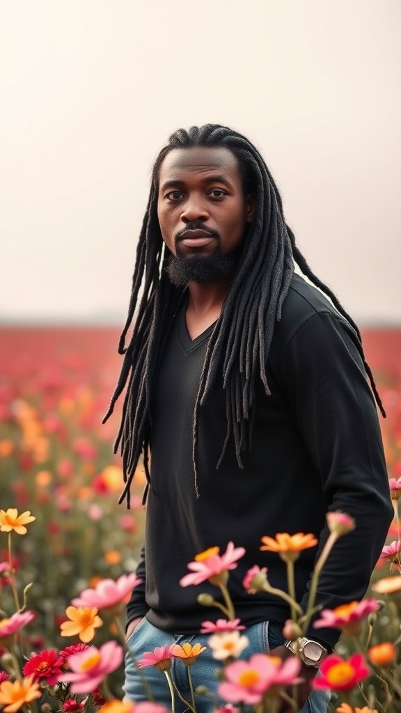 A man with long, black locs standing among colorful flowers