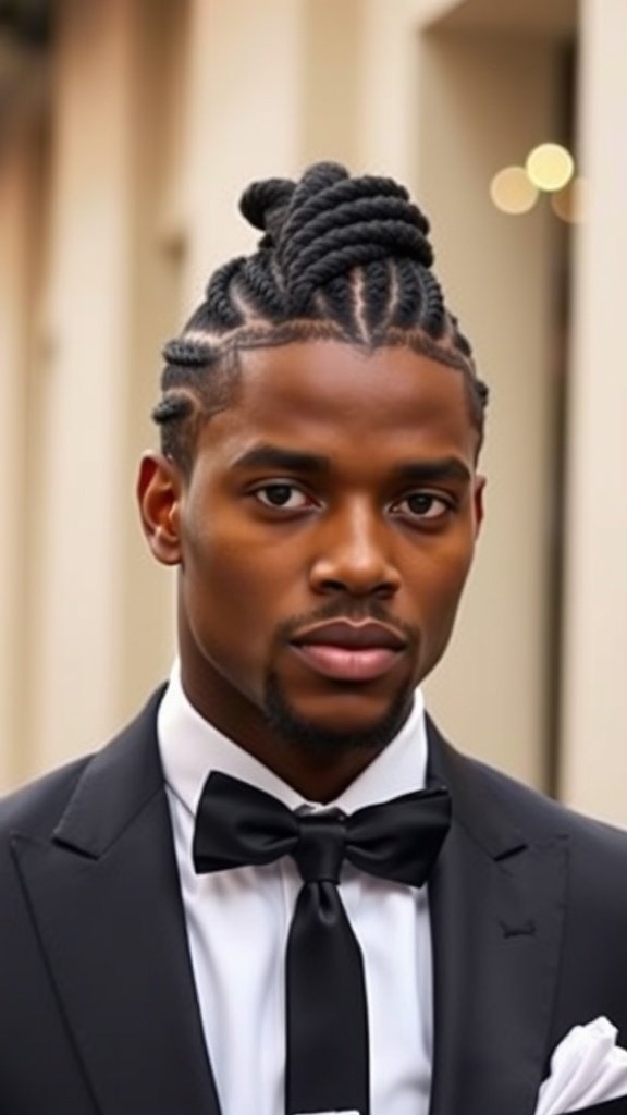 A man in a tuxedo with a braided updo hairstyle
