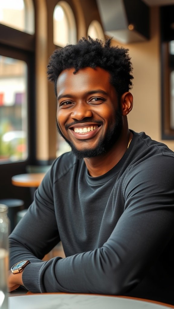 A smiling Black man with short, textured curls sitting in a cafe.