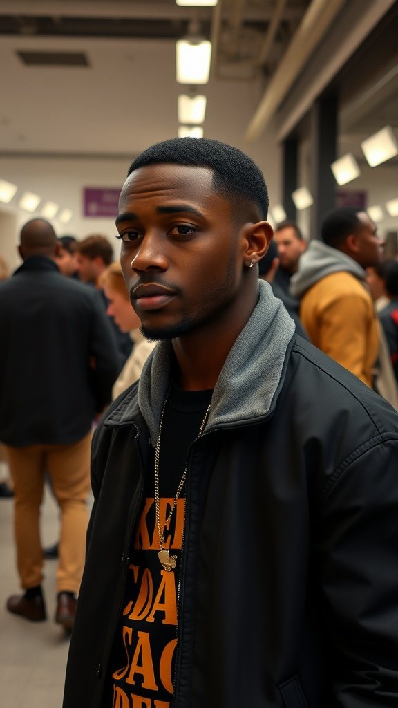 A stylish young man with a taper haircut, wearing a black jacket and a graphic t-shirt.