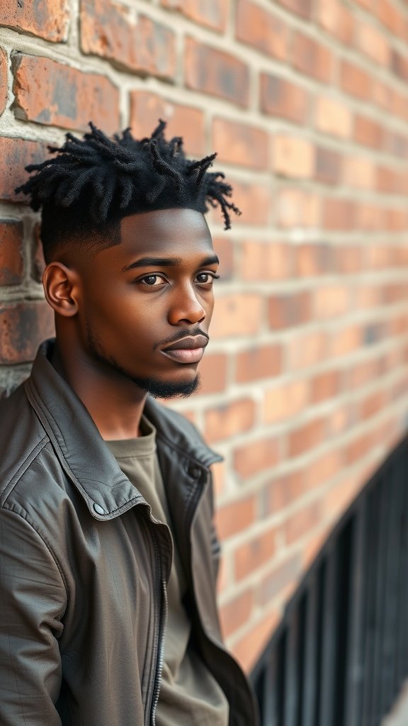 A young man with a temple fade haircut and natural curls, leaning against a brick wall.