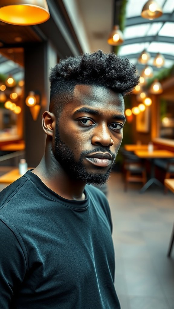 A young black man sporting a textured quiff hairstyle with a clean fade.
