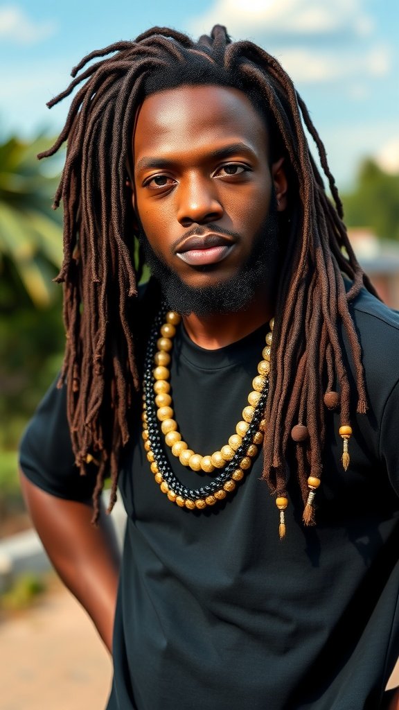 Man with long dreadlocks and beads, wearing a black shirt.
