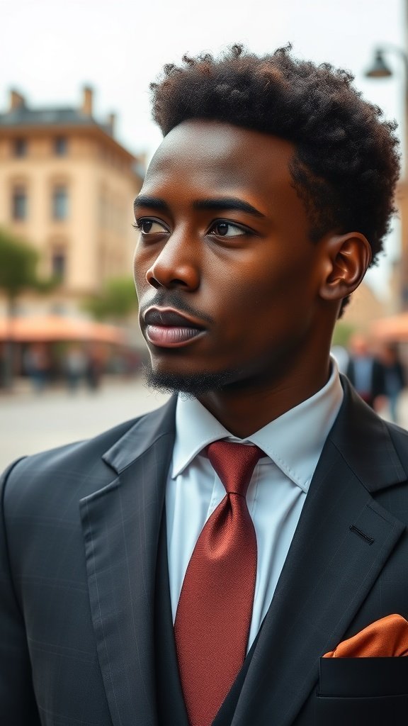 A young black man with a short afro and side part, wearing a suit and tie.