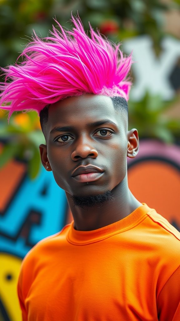 A young man with a high top fade hairstyle dyed bright pink, wearing an orange shirt, against a colorful background.