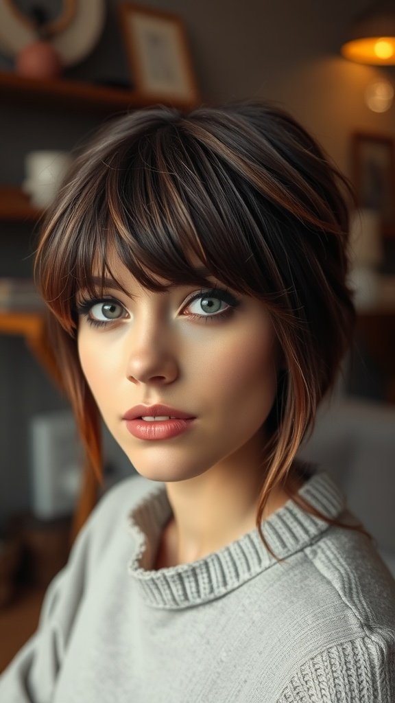 A close-up of a woman with a shag haircut and bangs, showcasing her stylish look.
haircut ideas