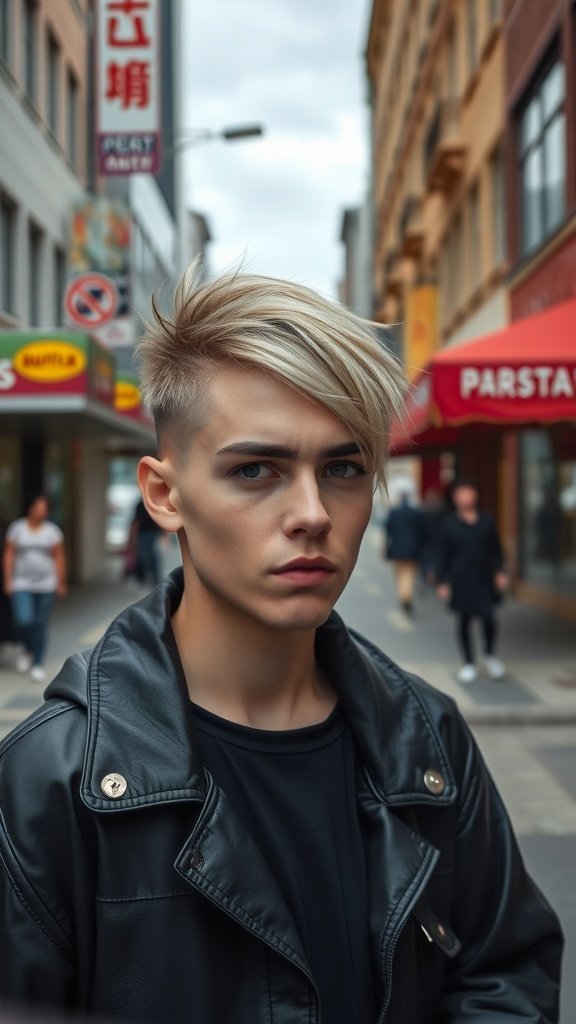 A person with an asymmetrical haircut standing on a city street.