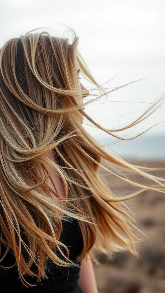 A woman with long, layered hair flowing in the wind.
