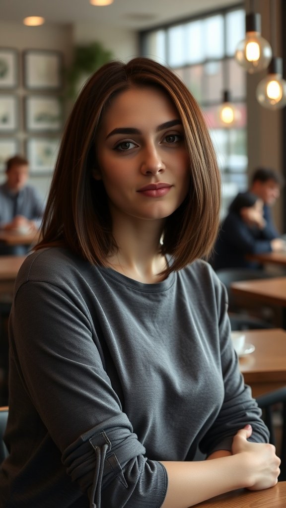 A woman with a shoulder-length haircut, sitting in a café with a neutral expression.