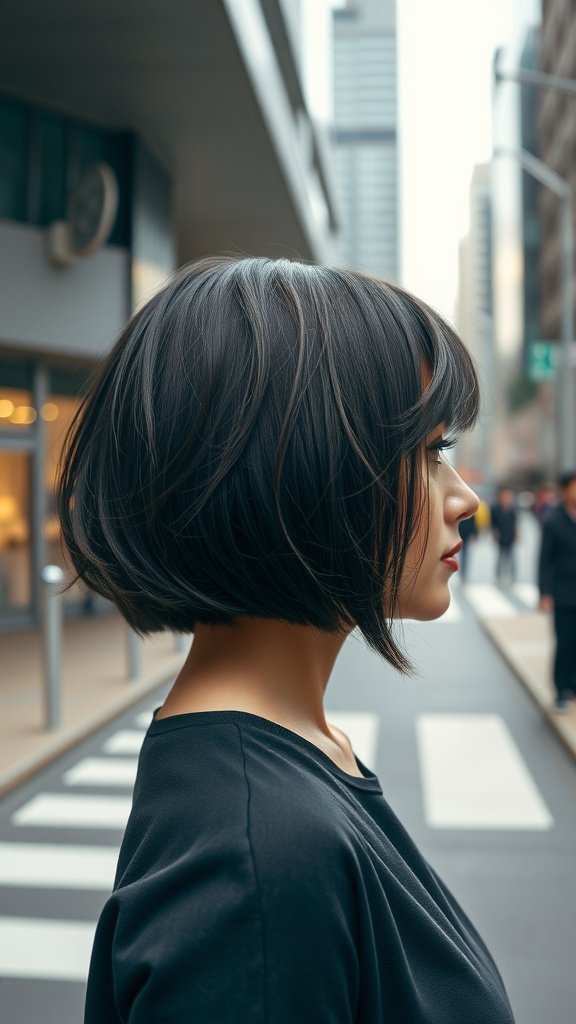 A stylish woman with a chic bob haircut featuring blunt ends, standing in an urban setting.