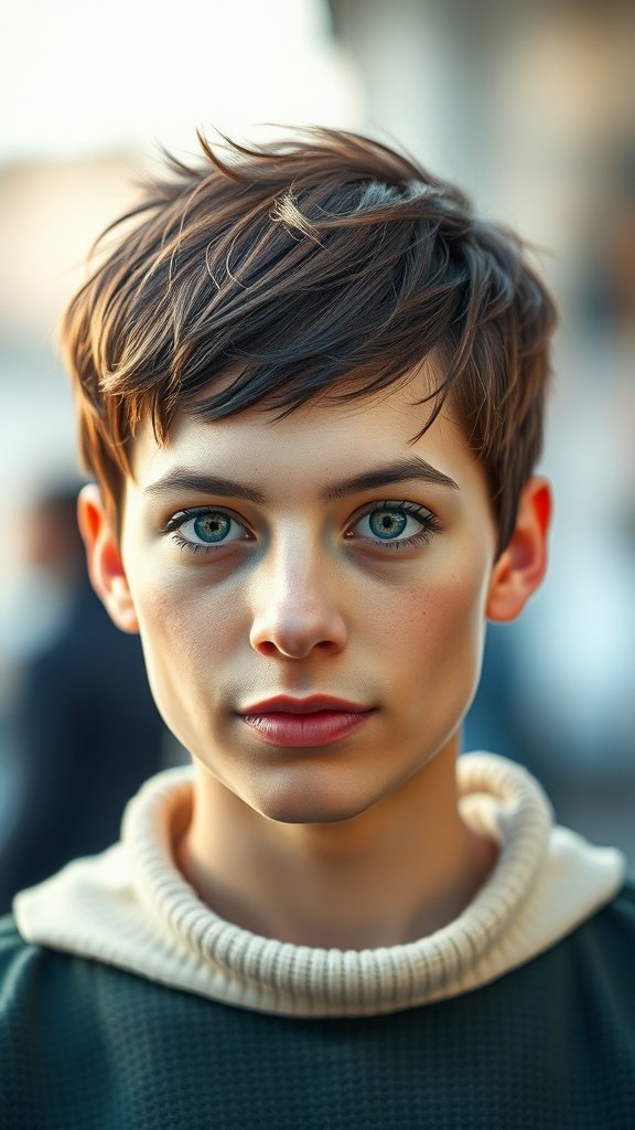A young person with a stylish textured pixie cut, showcasing boldness and confidence.