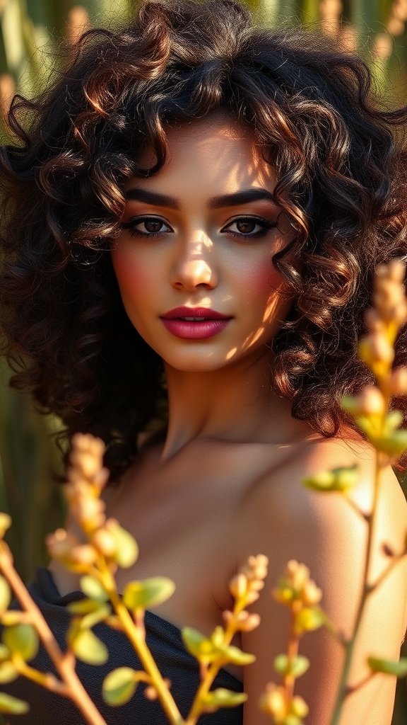A close-up of a woman with layered curly hair, surrounded by flowers.