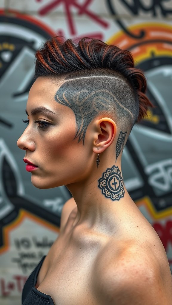 A stylish undercut hairstyle featuring a textured top and shaved sides, complemented by bold colors.