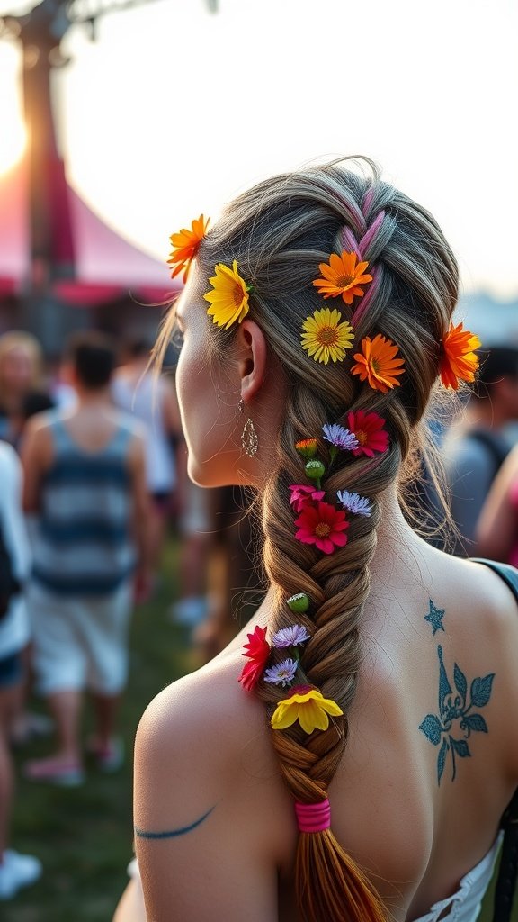 A woman with a braided hairstyle decorated with colorful flowers at a festival.