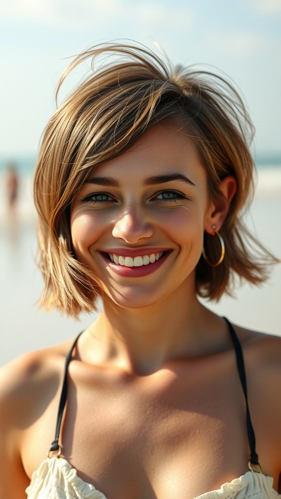A smiling woman with a bouncy lob hairstyle at the beach.