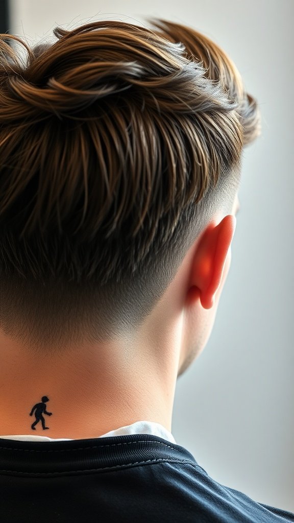 A stylish faded side cut with a tattoo on the back of the neck.