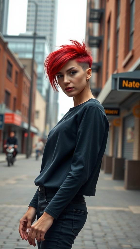 A person with bold red spiky hair standing confidently on the street.