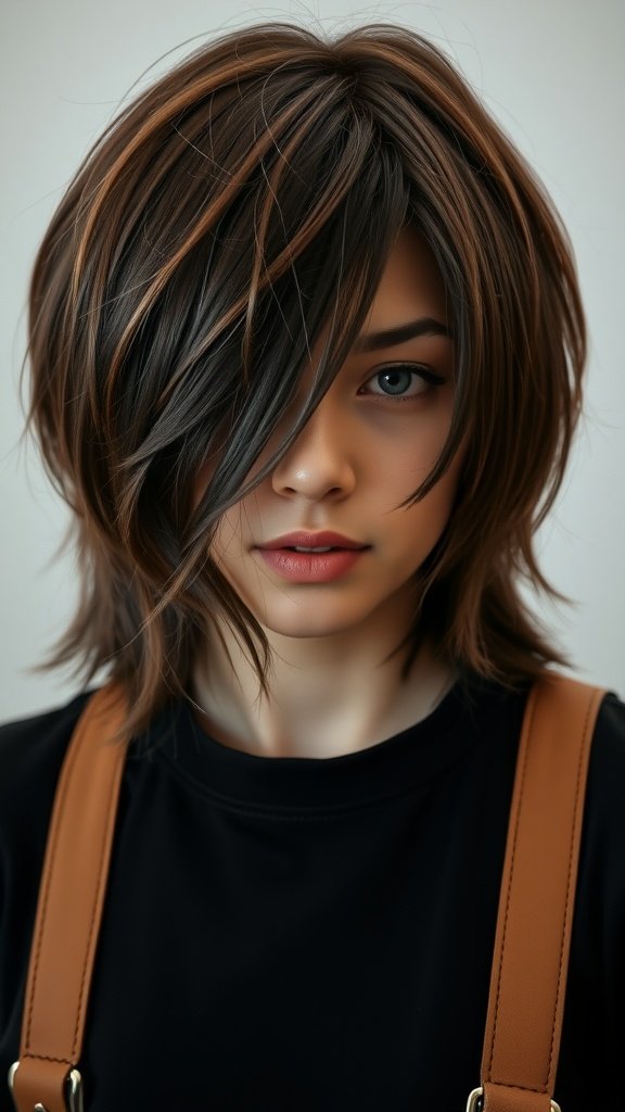 A close-up of a person with a layered shoulder length haircut, featuring a mix of dark and light brown shades.