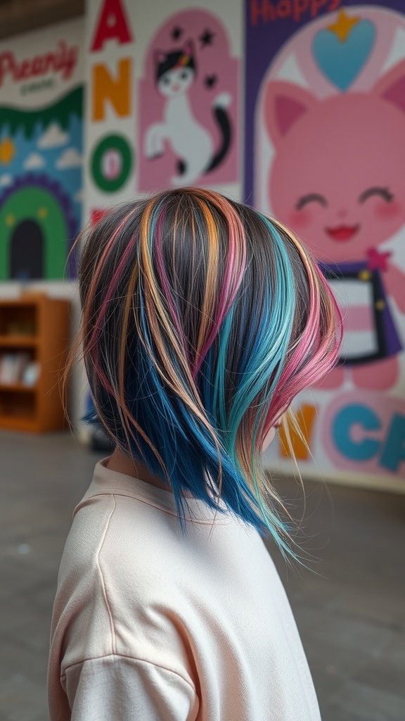 A person with colorful hair highlights in pink, blue, and orange, standing in front of a vibrant mural.