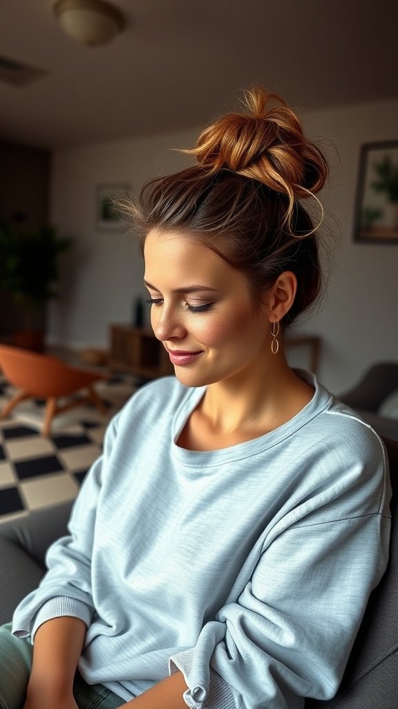 A woman with a messy bun hairstyle, wearing a light blue sweatshirt, sitting in a cozy room.