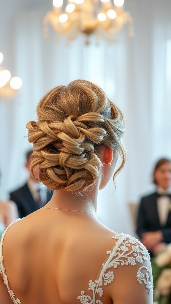 A beautifully styled curly updo, featuring intricate braids and curls, perfect for a special occasion.