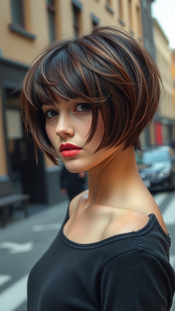 A stylish woman with a textured bob haircut and bangs, standing on a city street.