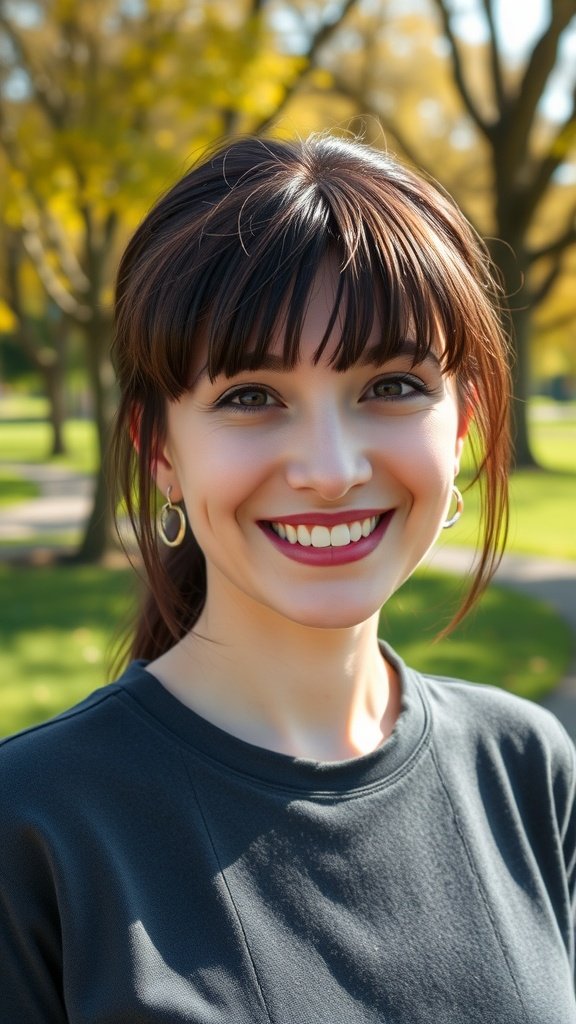 A woman with layered bangs and a bright smile, standing outdoors.