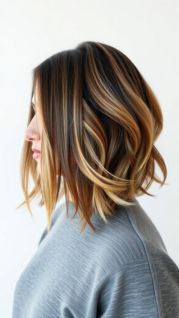 A woman with shoulder length hair styled in soft waves and highlights.