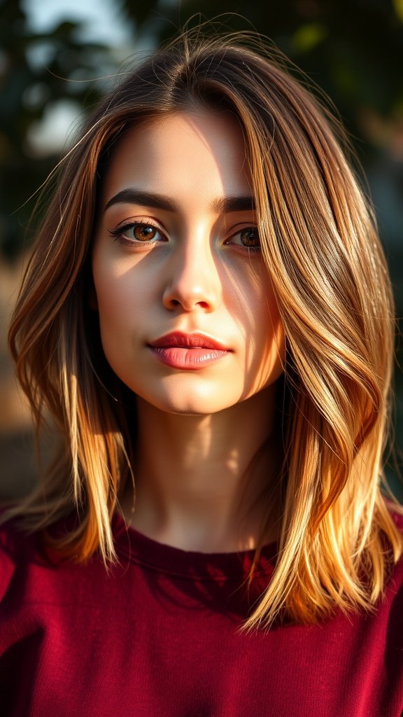 A woman with shoulder length hair styled with balayage highlights.