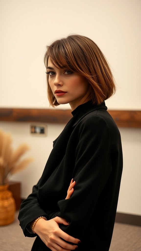 A woman with chin-length A-line bob hairstyle, wearing a black outfit.