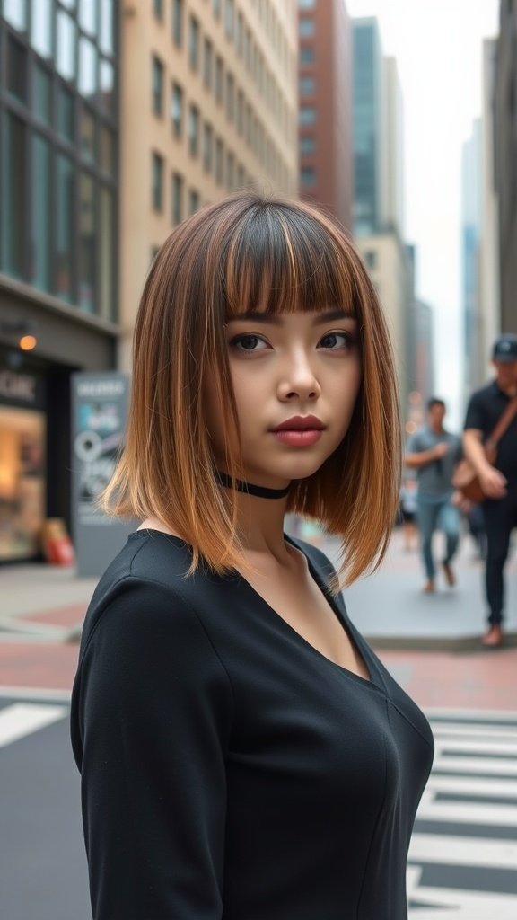 A stylish woman with sleek chin-length hair and bangs, wearing a black top in an urban setting.