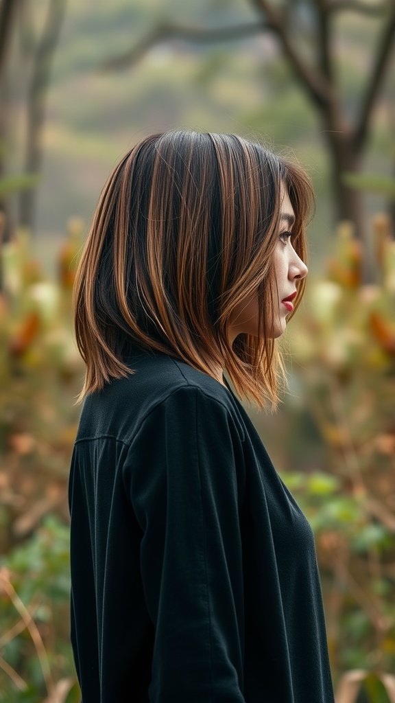 A woman with layered chin-length hair, showcasing a stylish lob haircut.