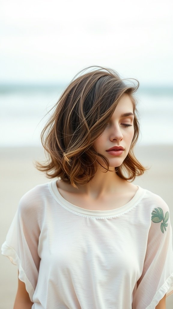 A young woman with chin-length messy waves, standing on the beach.