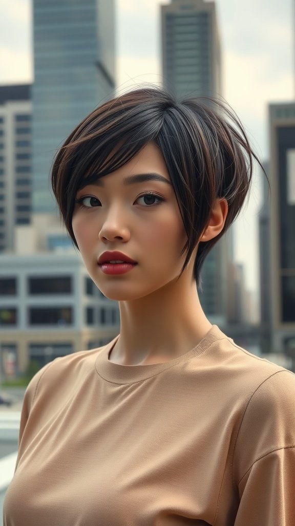 A woman with an asymmetrical chin-length haircut, featuring one side longer than the other, standing against a city backdrop.