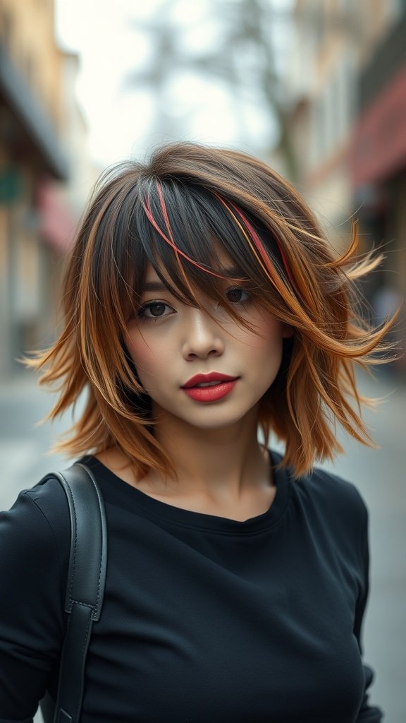A young woman with chin-length shaggy layers and colored highlights, wearing a black shirt