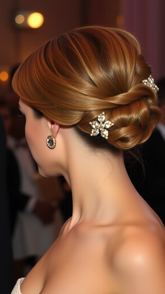 A woman with chin-length hair styled in an elegant updo, adorned with decorative hairpins, showcasing a polished look.
