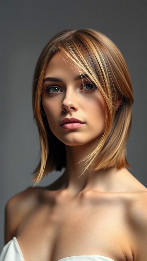 A woman with chin-length hair styled in face-framing layers.