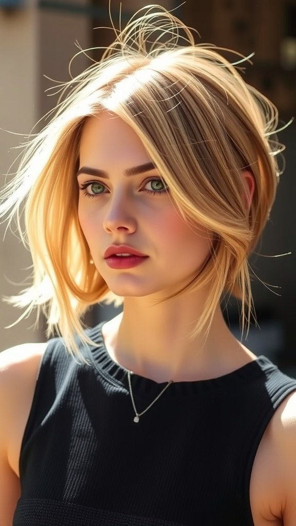 A person with chin-length hair styled beautifully with highlights, looking confidently at the camera.