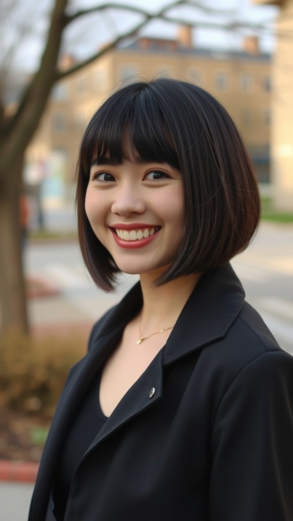 A woman with chin-length bob haircut and bangs, smiling outdoors.