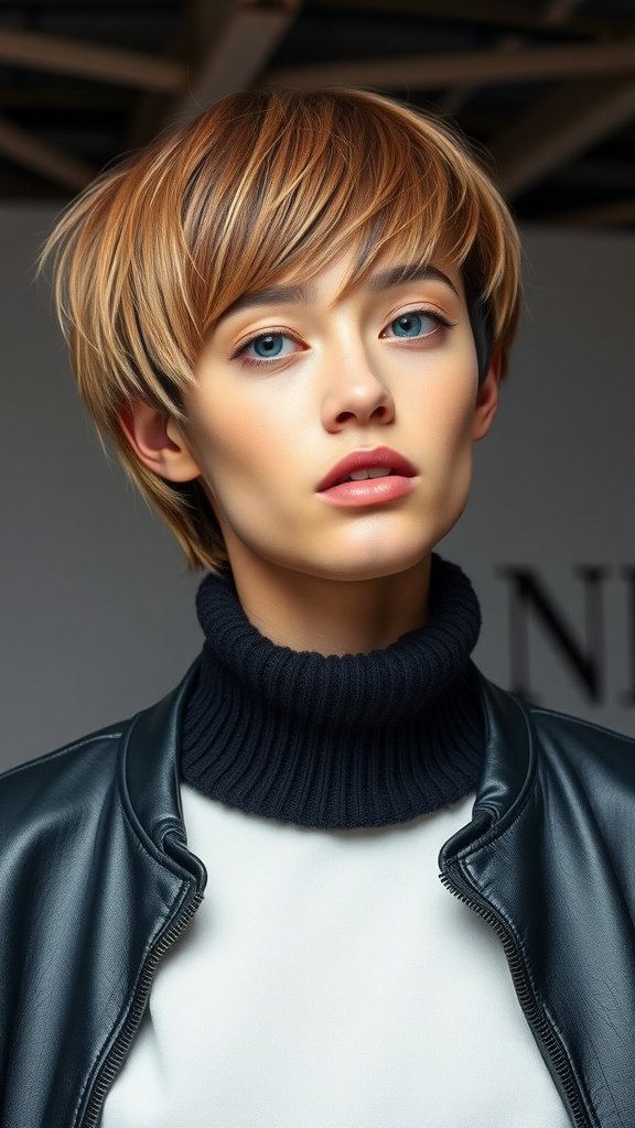A model with a choppy chin-length haircut, showcasing textured layers and a stylish look.
