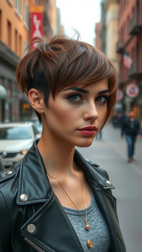 A young woman with chin-length hair styled in a soft undercut, wearing a leather jacket.