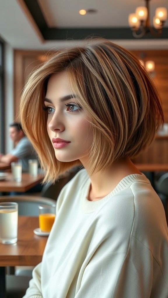 A woman with chin-length hair, featuring a subtle ombre, sitting in a café.